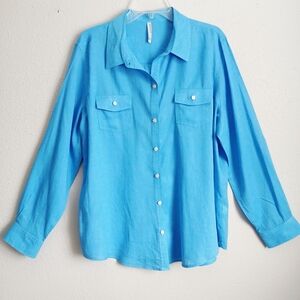 Old Navy Bright Blue Button Up Linen Blend Long Sleeve Roll Tab